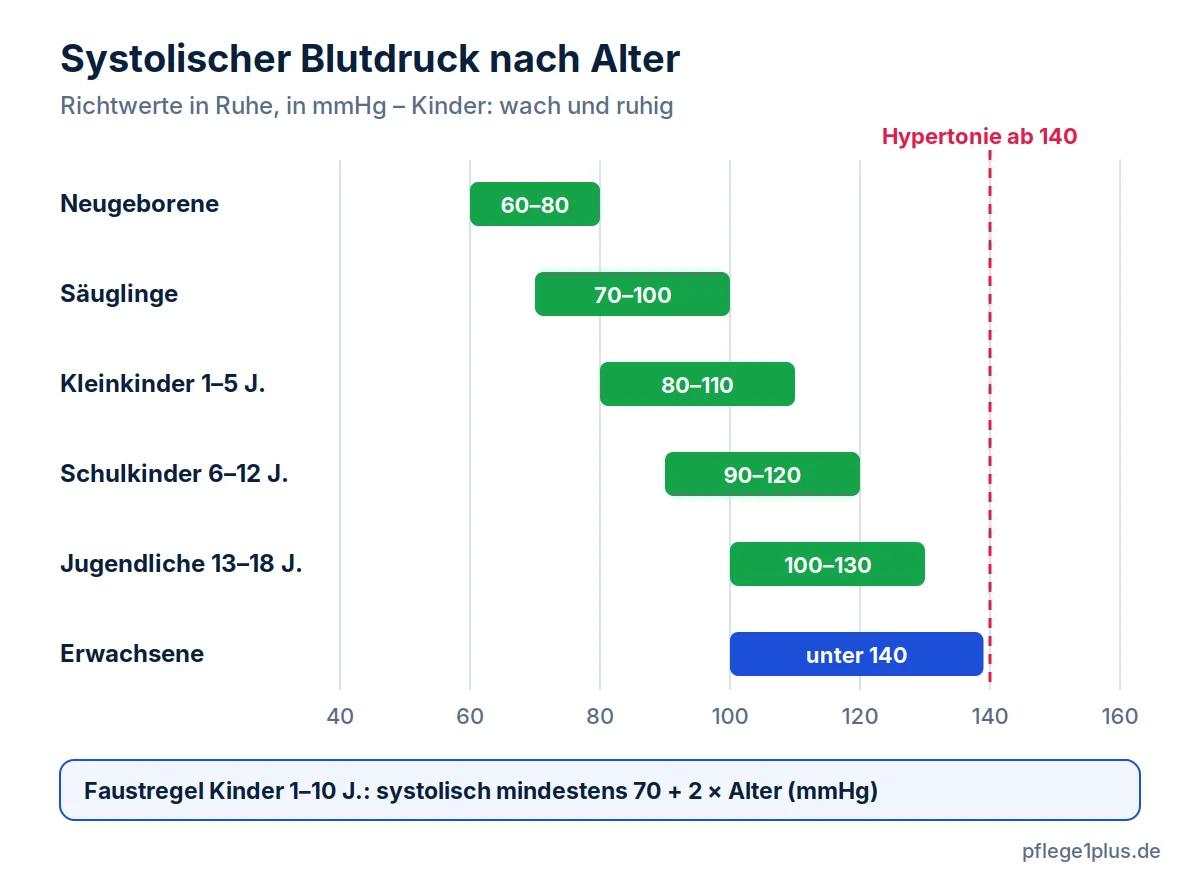 Blutdruck-Normwerte nach Alter: systolische Richtwerte von Neugeborenen (60–80 mmHg) bis Jugendlichen (100–130 mmHg) und Erwachsenen unter 140 mmHg