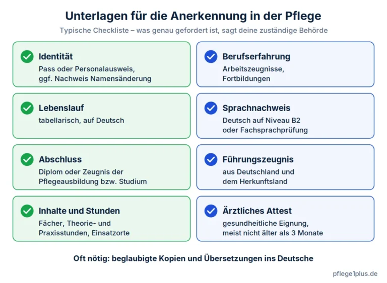 Anerkennung als Pflegefachkraft aus dem Ausland: Checkliste der Unterlagen von Identität und Abschluss bis Sprachnachweis und Attest
